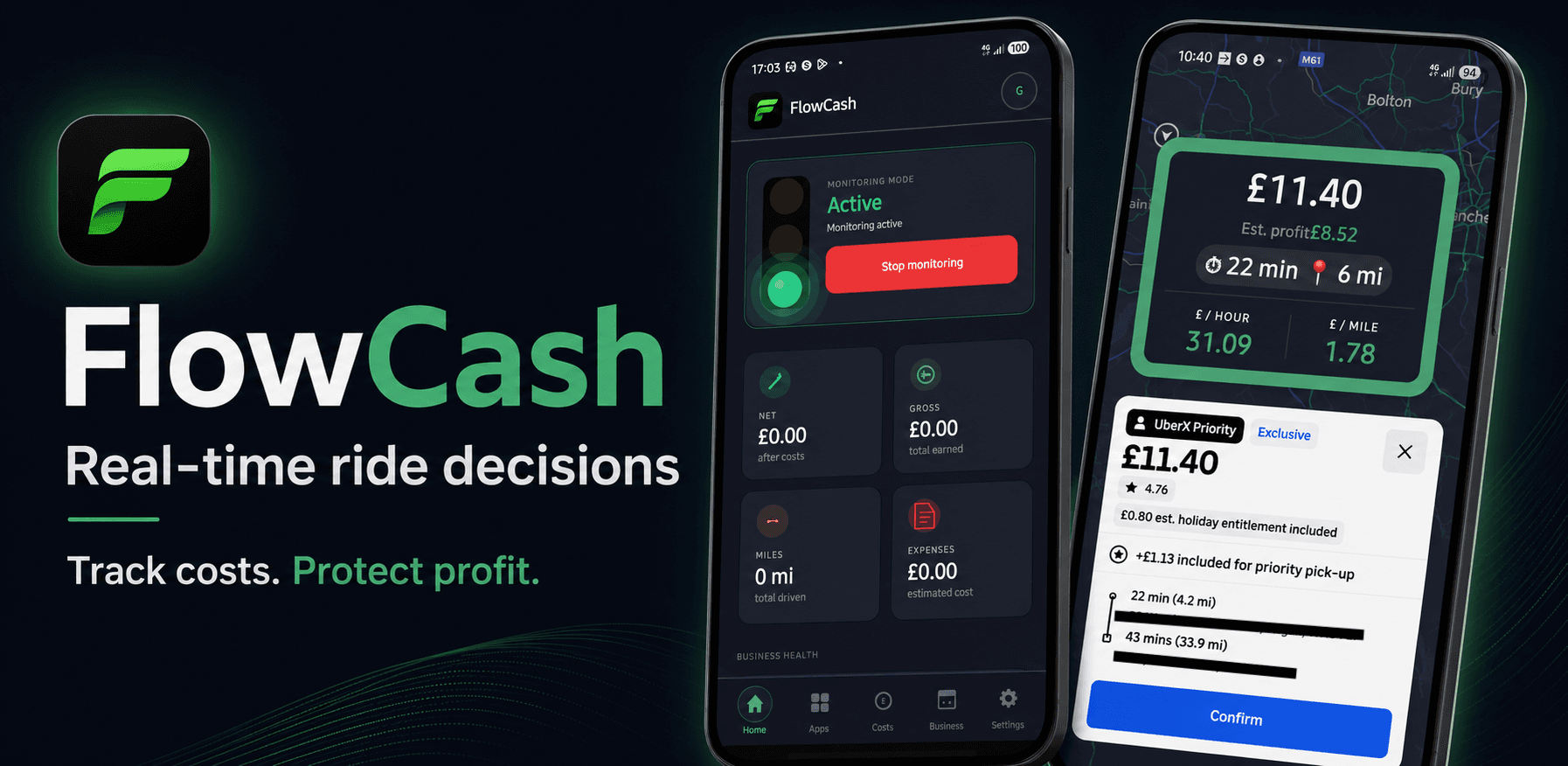 FlowCash app showing real-time ride monitoring and offer analysis on two Android phones