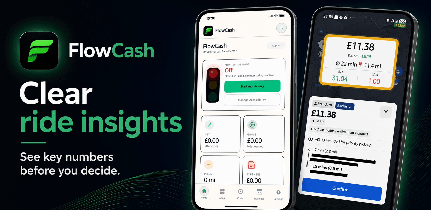FlowCash — clear ride insights displayed across two Android phone screens