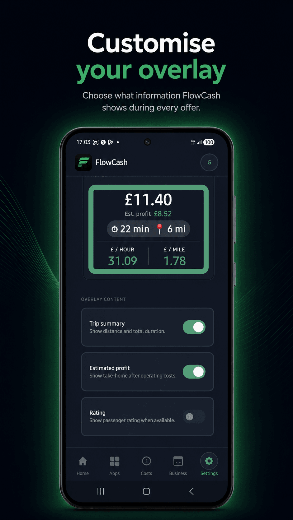 FlowCash app showing overlay customisation settings for ride offer display