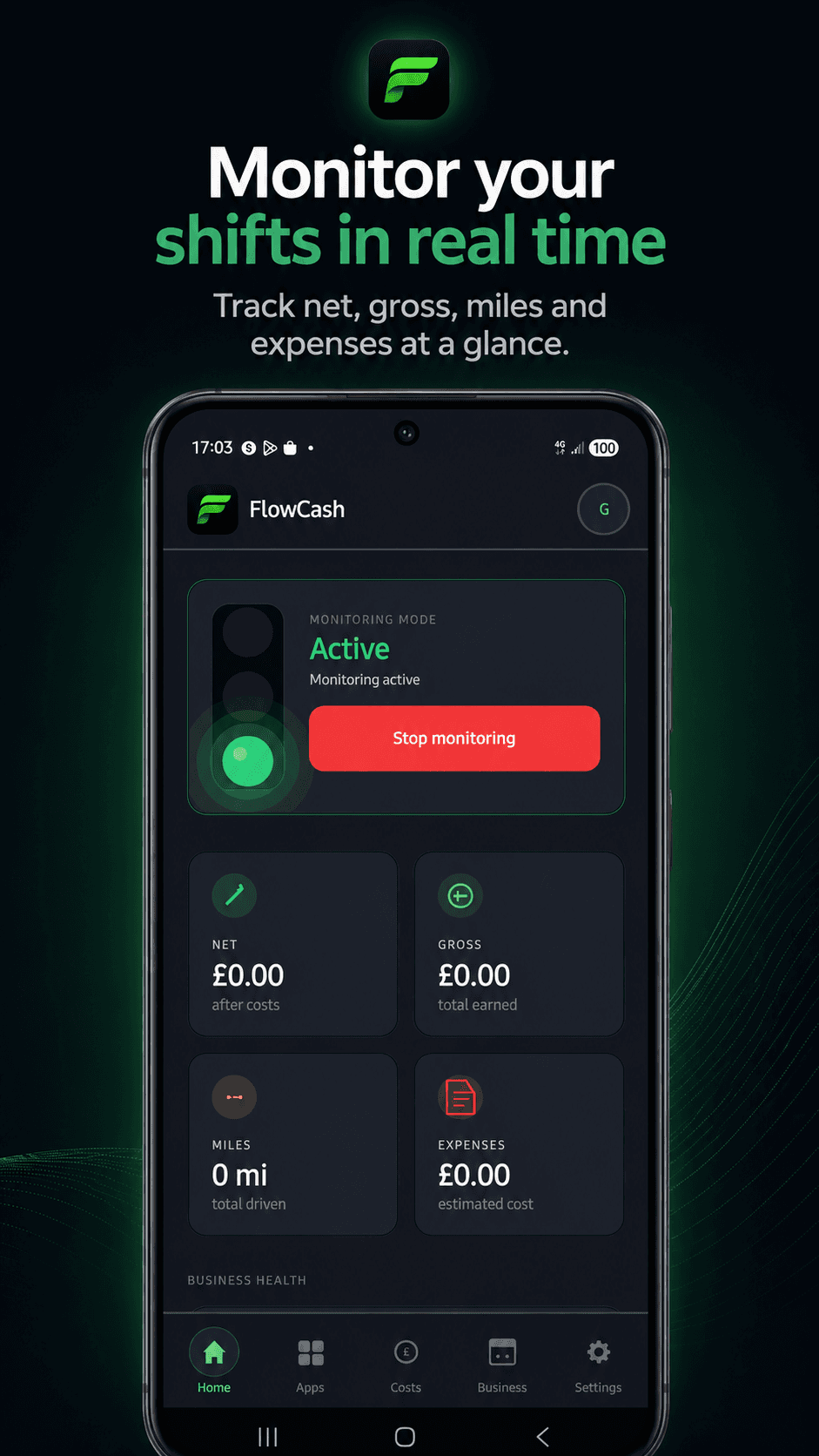 FlowCash app showing real-time shift monitoring with net, gross, miles and expenses
