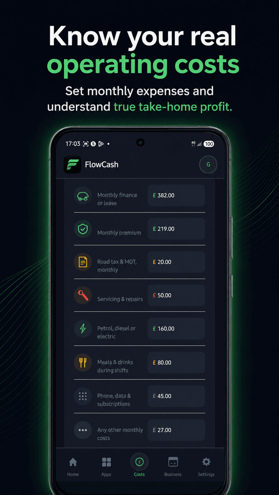 FlowCash app showing monthly operating costs breakdown by category