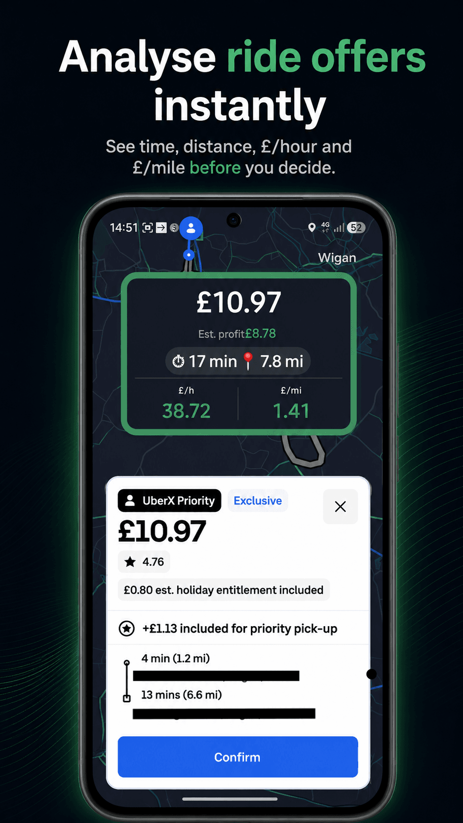 FlowCash app showing ride offer analysis with estimated £/hour and £/mile metrics